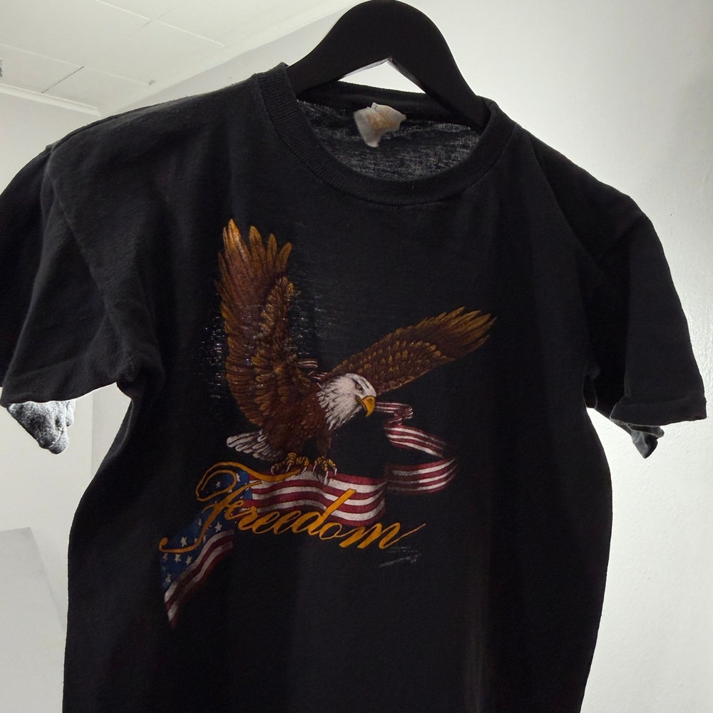 Vintage Freedom Eagle Graphic Shirt Men's Large Black Single Stitch 1988 Thin
